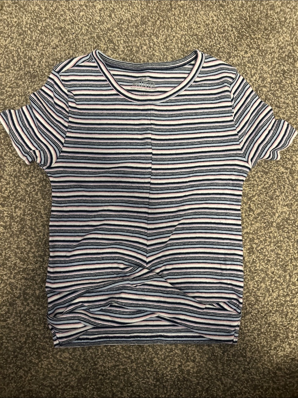 Hollister Striped Twist Front Tee - White, Navy & Pink